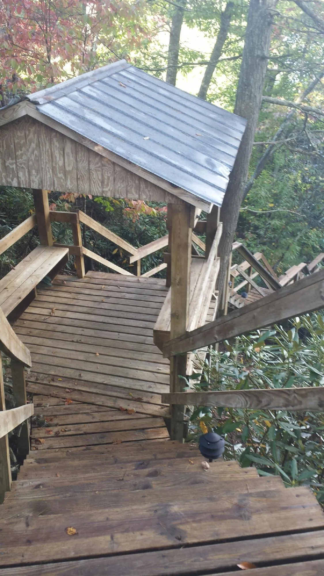Metal roofed shelter over wooden steps on a wooded walkway — Skylight Repair & Installation work by our crew in Grand River